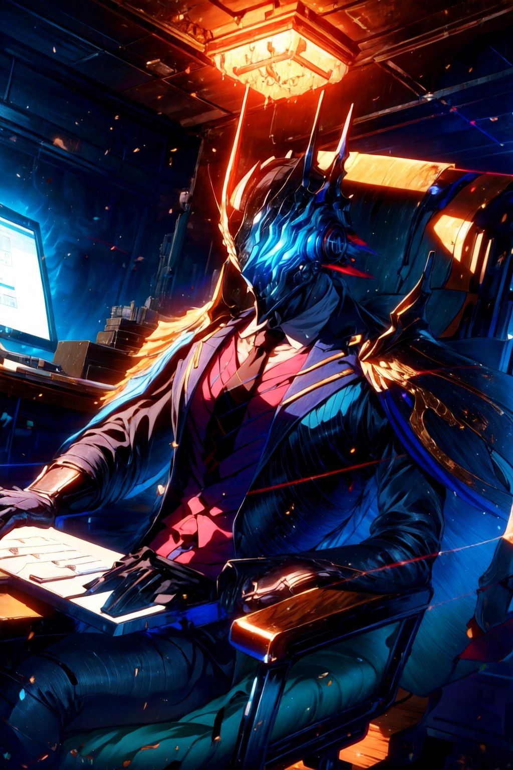 masterpiece,best quality,highres,cinematic lighting,dramatic angle,1boy,,helmet,cape,armor,black suit,necktie,cowboy shot,sitting on big office mobile chair,at office,keyboard,typing words with keyboard,laptop,coffee on table,office table,profile,gloves,monitor