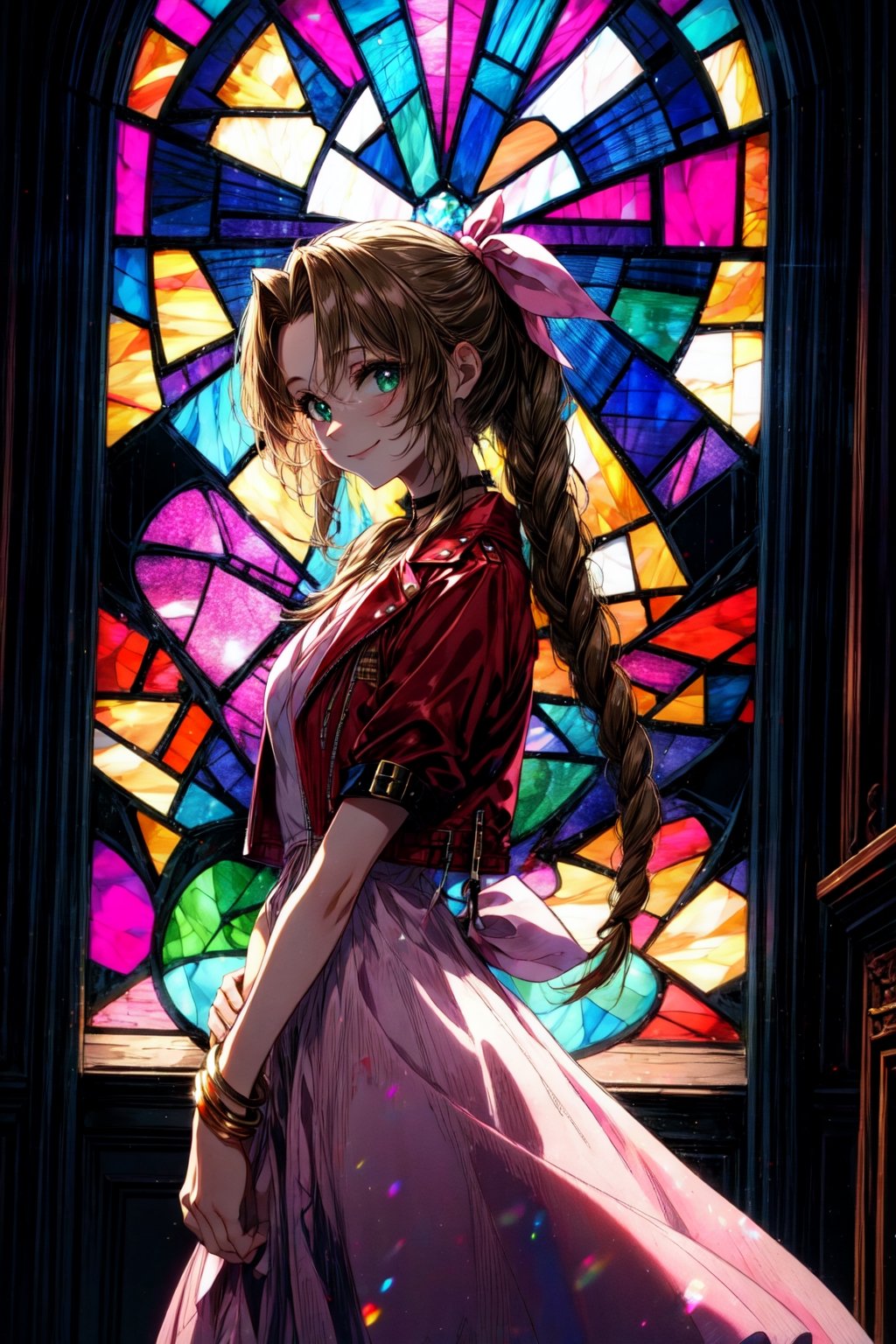masterpiece, best quality, aerith gainsborough, choker, cropped jacket, hair bow, bracelet, pink dress, looking at viewer, leaning forward, smile, closed mouth, indoors, stained glass window 