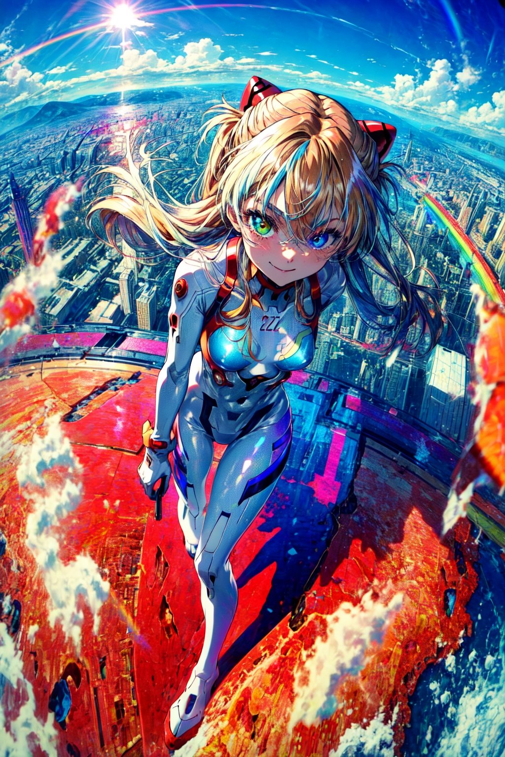 (masterpiece, best quality, detailed), 1girl, solo, from above, evil smile, full body, legs apart,  fisheye, outdoors, souryuu asuka langley, interface headset, heterochromia, rainbow order, white bodysuit