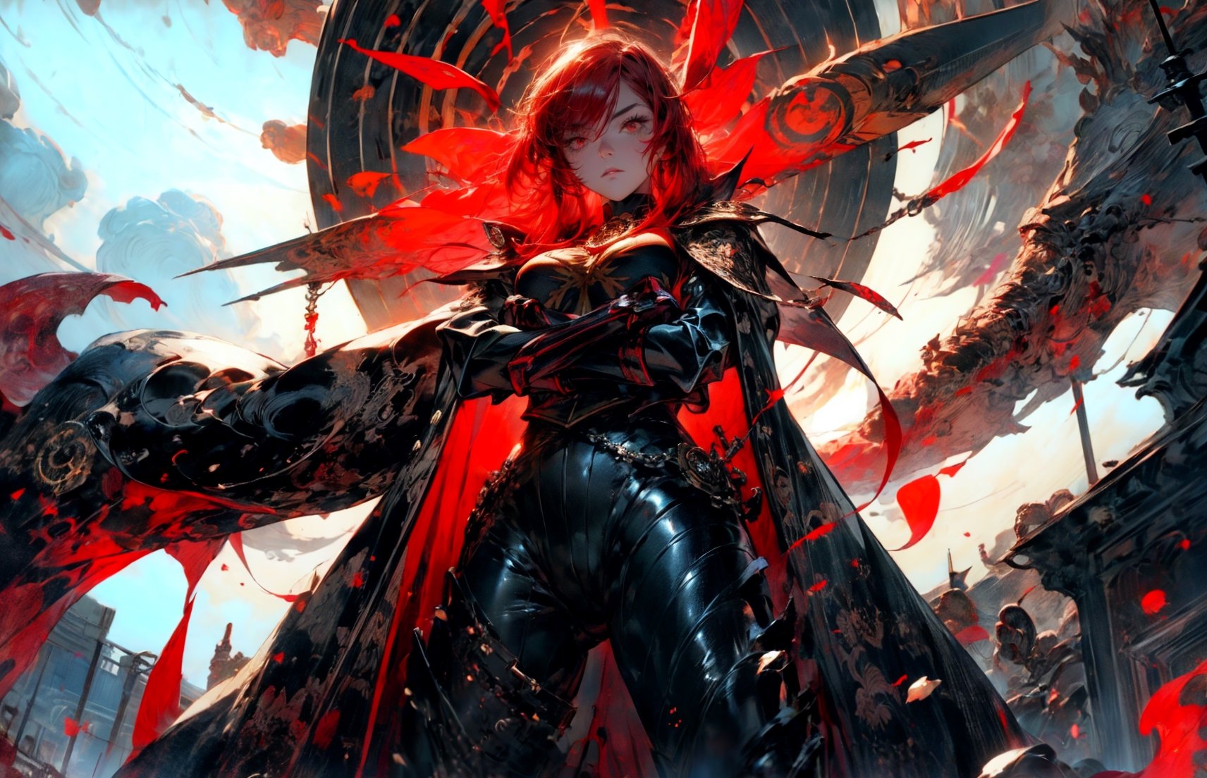 masterpiece,best quality,1girl,MaouNobu,Maou bodyarmor,red hair,long hair,expressionless,standing,crossed arms,step on viewer,red sky,from below,weapon