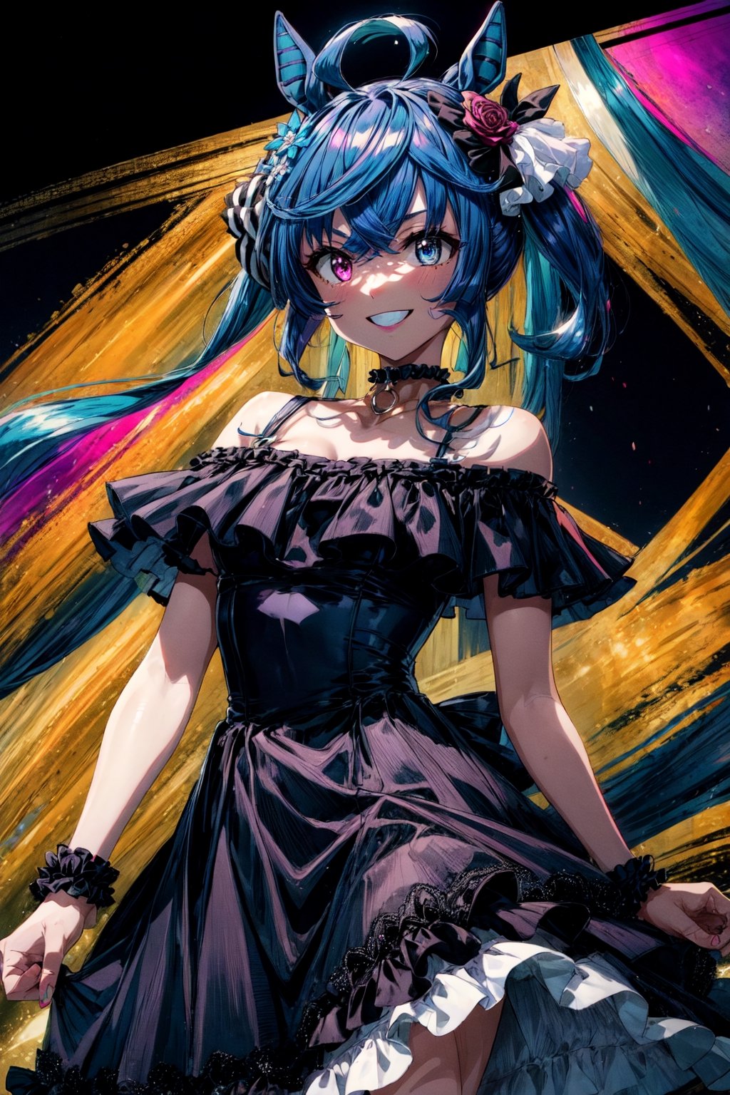 masterpiece, best quality, twin turbo \(umamusume\), official alternate costume, hair flower, hair ornament, black choker, off-shoulder dress, sleeveless dress, bare shoulders, scrunchie, wrist cuffs, black dress, smile, frilled dress, frills,