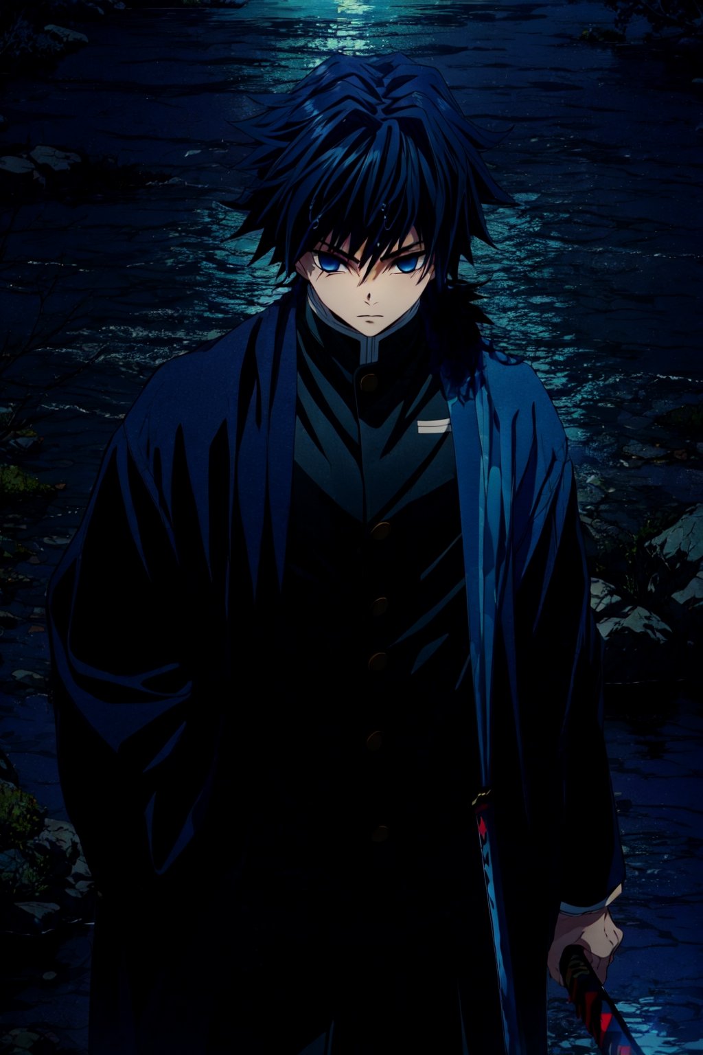 tomioka giyuu, demon slayer, 1boy, solo, upper body, (water, blue aura, flowing water), katana, patterned background,sword, holding katana, fighting stance, looking at viewer, long hair, blue eyes, black hair, standing, jacket, male focus, japanese clothes, black jacket, demon slayer uniform, 