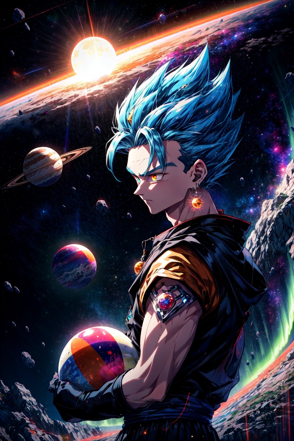 1boy, floating, solo, outer space, ((planet)), aurora on planet, sunlight, , energy ball, electricity,  vegetto, blue spiked hair, jewelry, earrings, blue hair, blue and orange dougi, (realistic), white glove, 