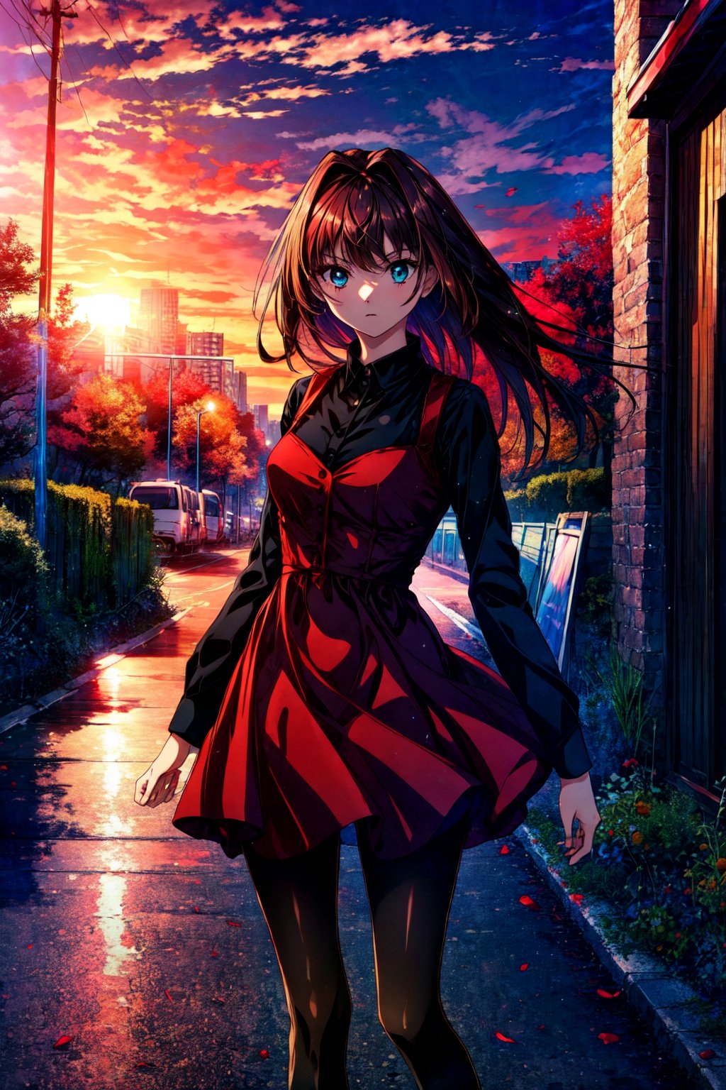 masterpiece, best quality, highres, aaaoko, long hair, brown hair, black shirt, red dress, long sleeves, black pantyhose, , cowboy shot, standing, street, looking at viewer, sunset