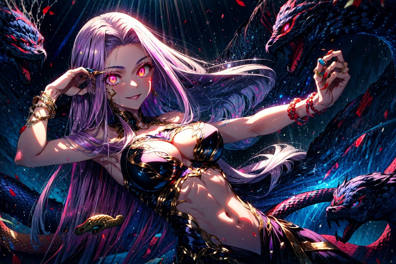 MedGorg, 1girl, bare shoulders, breasts, bustier, cleavage, clothing cutout, jewelry, large breasts, long hair, looking at viewer, medusa \(fate\), navel, purple eyes, purple hair, scales, smile, solo, very long hair, (glowing eyes:1.3), snake hair, snake tail, claws