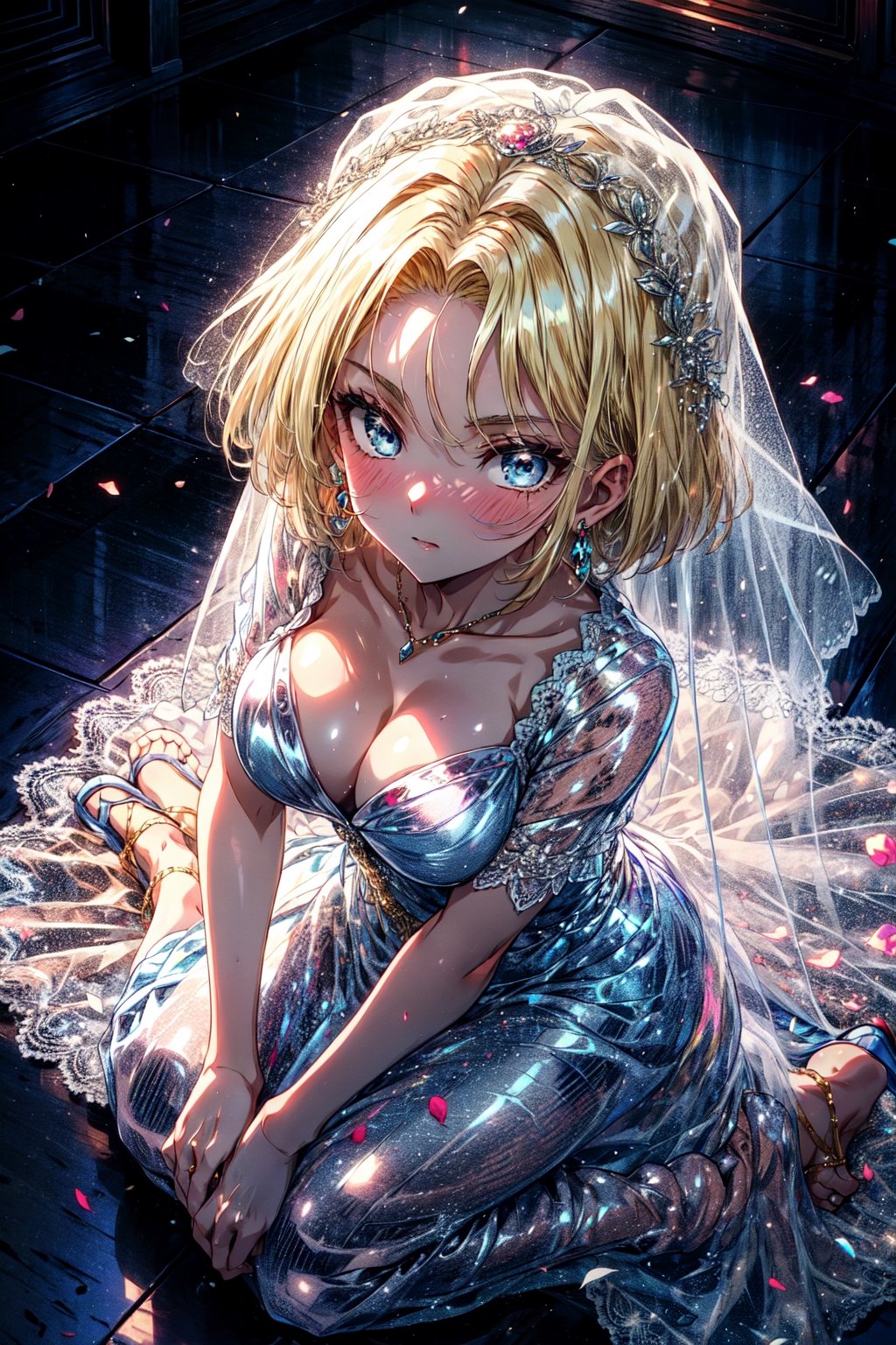 android18, 1girl, solo, breasts, looking_at_viewer, short_hair, blue_eyes, blonde_hair, cleavage, jewelry, medium_breasts, bride, veil, closed_mouth, long_dress, kneeling, from_above, wedding_dress,