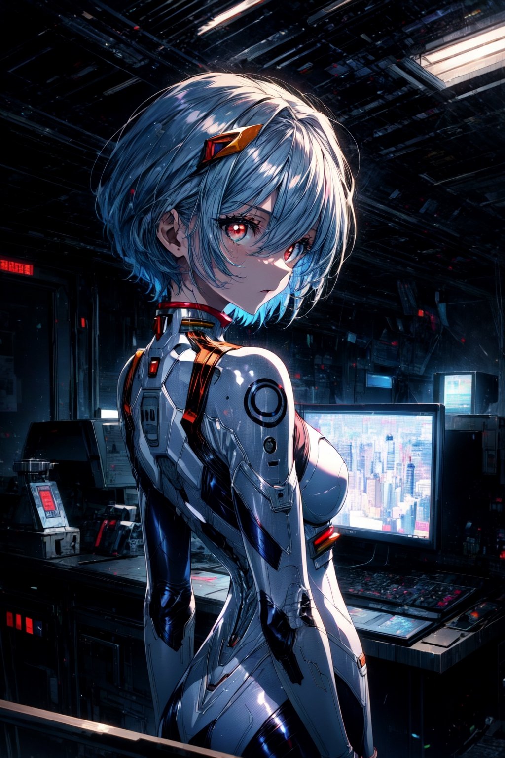 incredibly absurdres,huge filesize,wallpaper,available light,anime,1girl,,rei ayanami,1girl,blue hair,red eyes,bright_pupils,short hair,flat chest,hair between eyes,breasts,plugsuit,bodysuit,white bodysuit,pilot suit,science fiction,beautiful eyes,more hair detail,,day,cloudy,city,wide_shot,from_back,railing,