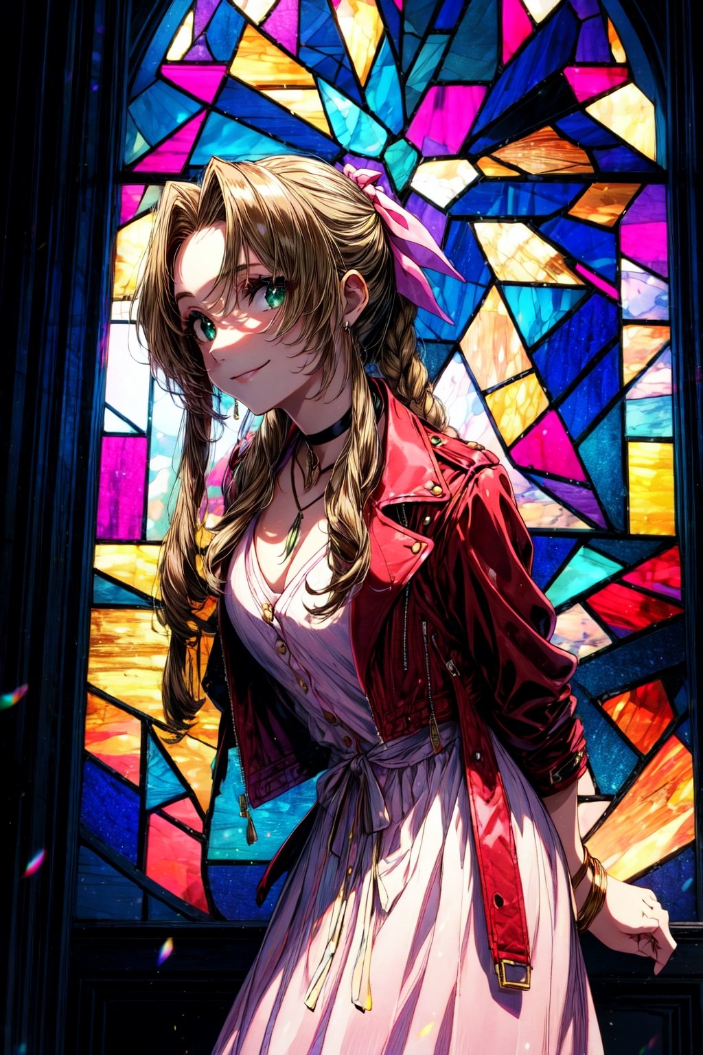 masterpiece, best quality, aerith gainsborough, choker, cropped jacket, hair bow, bracelet, pink dress, looking at viewer, leaning forward, smile, closed mouth, indoors, stained glass window 