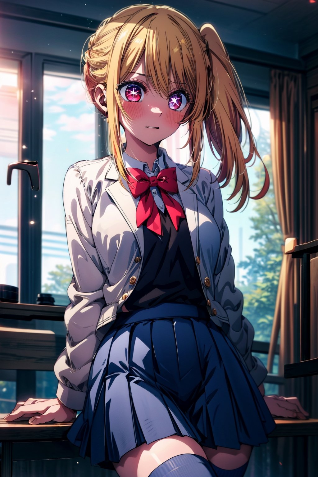 1girl, solo, , Hoshino Ruby, long hair, blonde hair, bangs, blush, red eyes, symbol-shaped pupils, (left star-shaped pupils:1.2), sparkling eyes, (star in left eye:1.2), symbol in eye, side ponytail, school uniform, red bowtie, blue jacket, gray pleated skirt, white legwear, brown footwear,,學校/學園|(School / Academy:1.3), (masterpiece:1.2), highres, best quality, 8k, very clear,