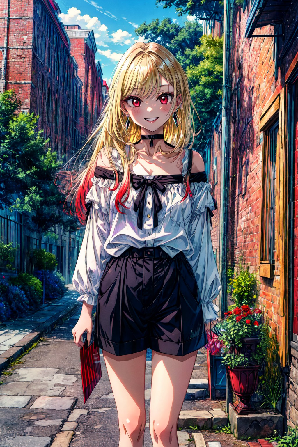best quality, (masterpiece:1.2), detailed, , kitagawa marin sb, 1girl, solo, teeth, wide smile, earrings, long hair, blonde hair, red eyes, multicolored hair, black ribbon, black choker, black shorts, white shirt, off shoulder, shirt tucked in, standing, looking at the viewer, outdoors, shopping