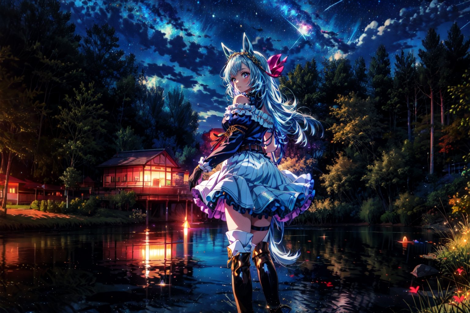 (masterpiece, high quality, best quality, detailed, anime:1.4), 1girl, solo, upper body, night, (lake, outdoor:1.2), (starry sky background:1.2), from back, straight hair, standing  k.s.miracle \(umamusume\), ear covers, blue shirt, collared shirt, blue coat, open coat, white ascot, brooch, jewelry, white gloves, half gloves, long sleeves, belt, black pants, thigh strap, tailcoat, boots  mejiro ardan \(umamusume\), ear ornament, black gloves, white gloves, asymmetrical gloves, mismatched gloves, detached sleeves, puffy sleeves, short sleeves, long sleeves, asymmetrical sleeves, uneven sleeves, ribbon, bare shoulders, off-shoulder dress, black dress, frilled dress, center frills, knee boots, asymmetrical footwear, mismatched footwear