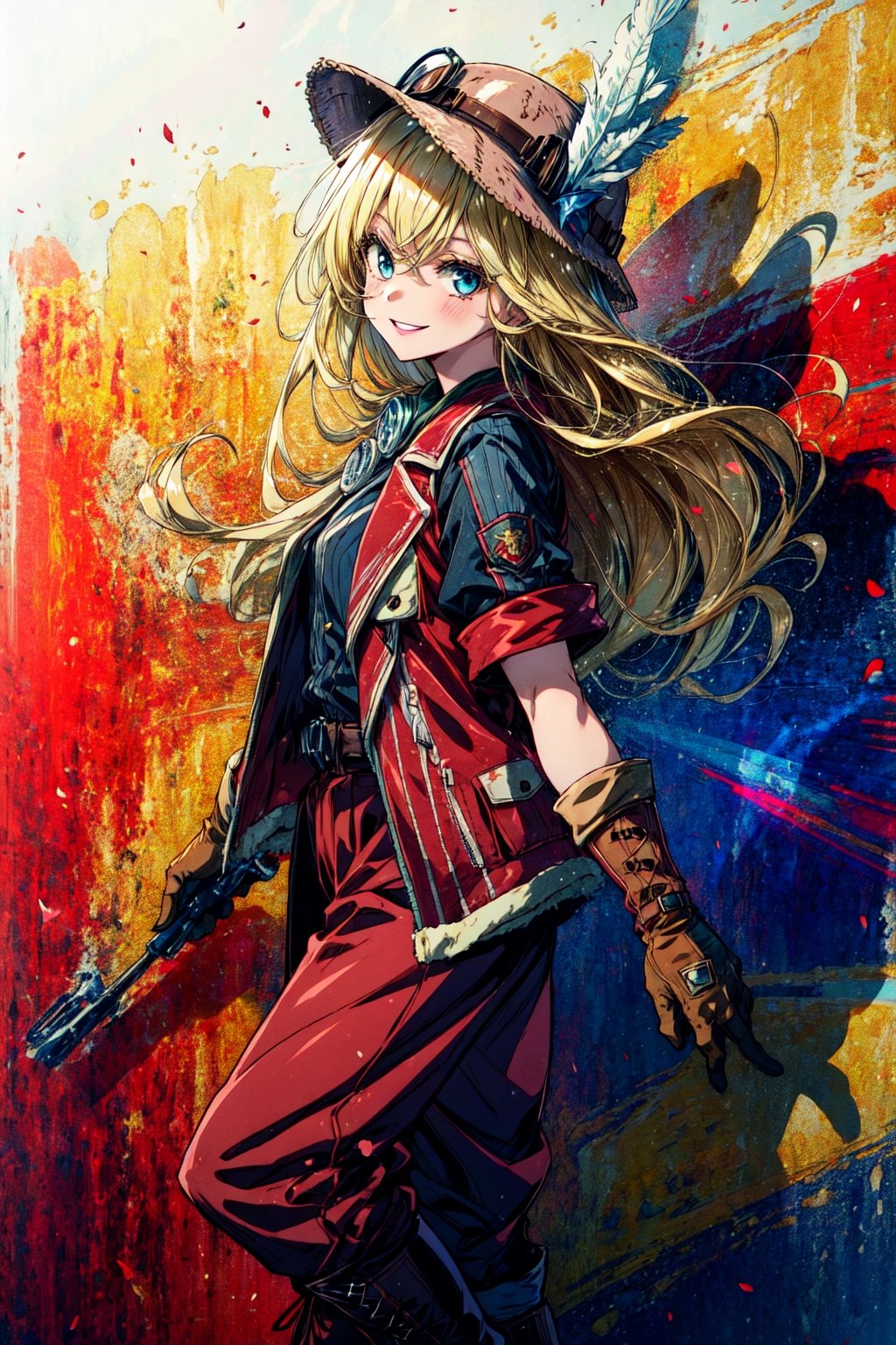 masterpiece, best quality, highres, 1girl very long hair blonde hair curly hair, red jacket helmet whistle short sleeves brown gloves red pants hat feather boots  from side, looking at viewer, smile