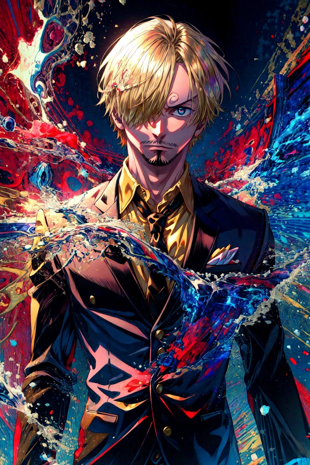 4k, best quality, ultra high res, masterpiece, , sanji2, suit, hair_over_one_eye, eyeblow, yellow shirts, necktie, black jacket, facial hair