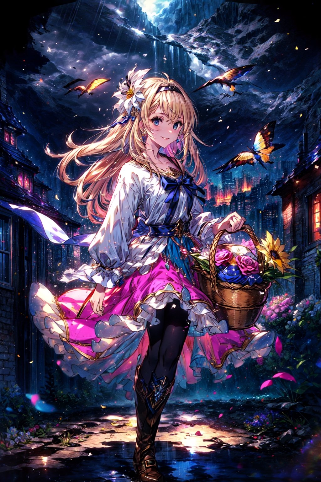 masterpiece,best quality,highres,cinematic lighting,dramatic angle,1girl,,hair ornament,hair ornaments,hairband,hair flower,costume2,blonde hair,blue eyes,portrait,village girl,holding basket of flowers,long pink skirt,frills,white topwear,boots,black pantyhose,yellow bowtie,hairband, ,smile looking at viewer