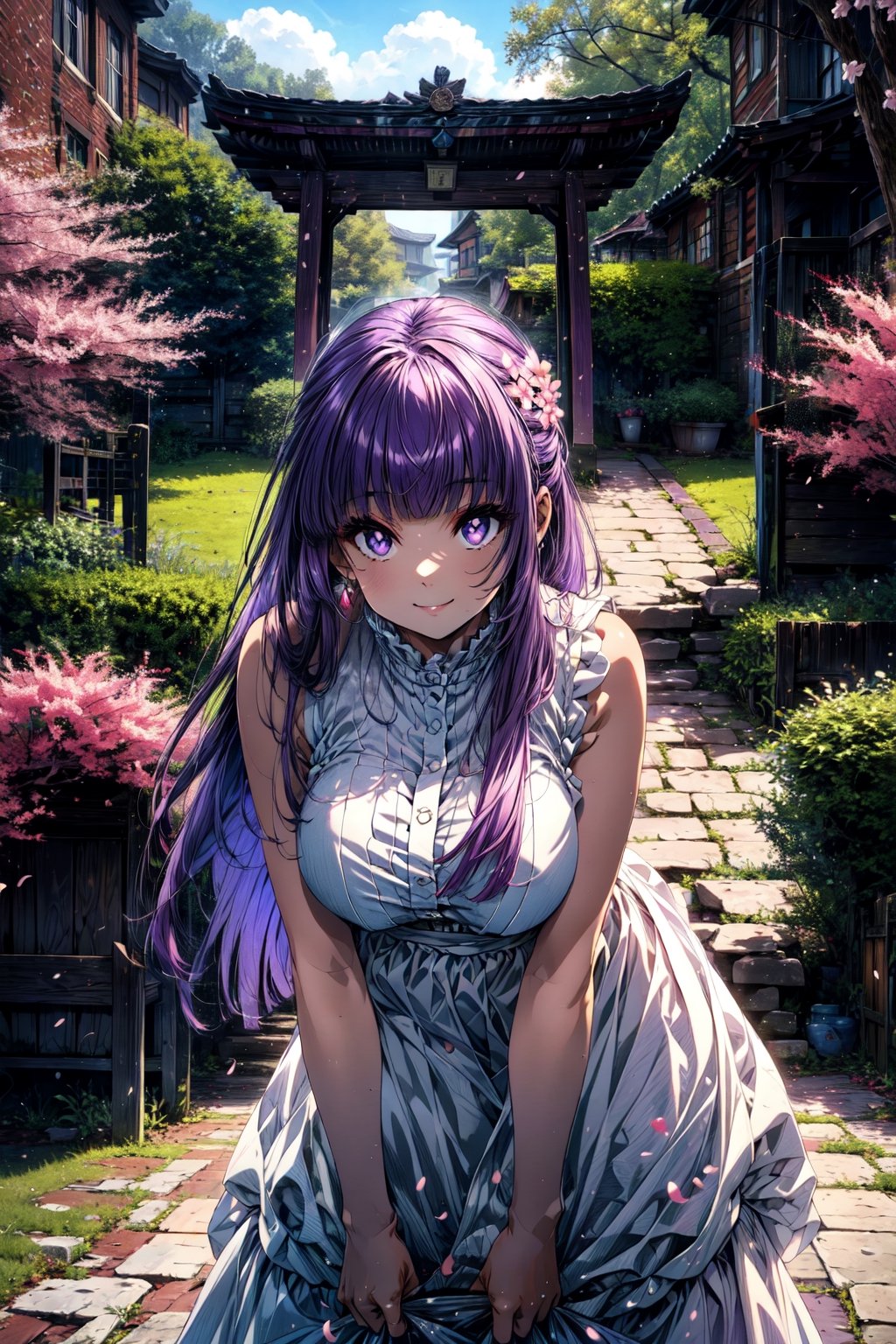 masterpiece, best quality, highres, aafern, long hair, purple hair, blunt bangs, purple eyes, large breasts, long dress, white dress, sleeveless, , standing, cowboy shot, smile, leaning forward, cherry blossoms, outdoors