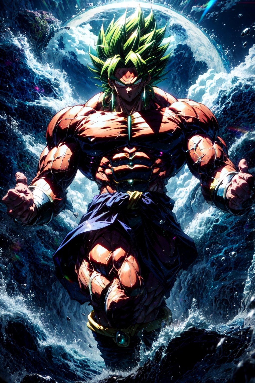 broly, legendary super saiyan, green hair, spiky hair, white eyes, muscular, tall, black bracelets,