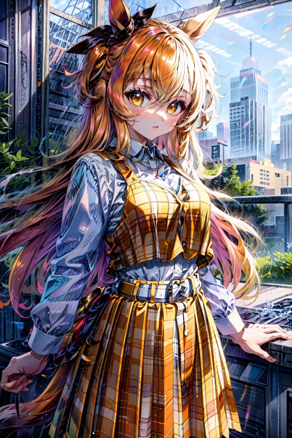 masterpiece, best quality, mayano topgun \(umamusume\), long sleeves, white shirt, plaid skirt, pleated skirt, yellow skirt, white belt, belt buckle, yellow vest, orange skirt,