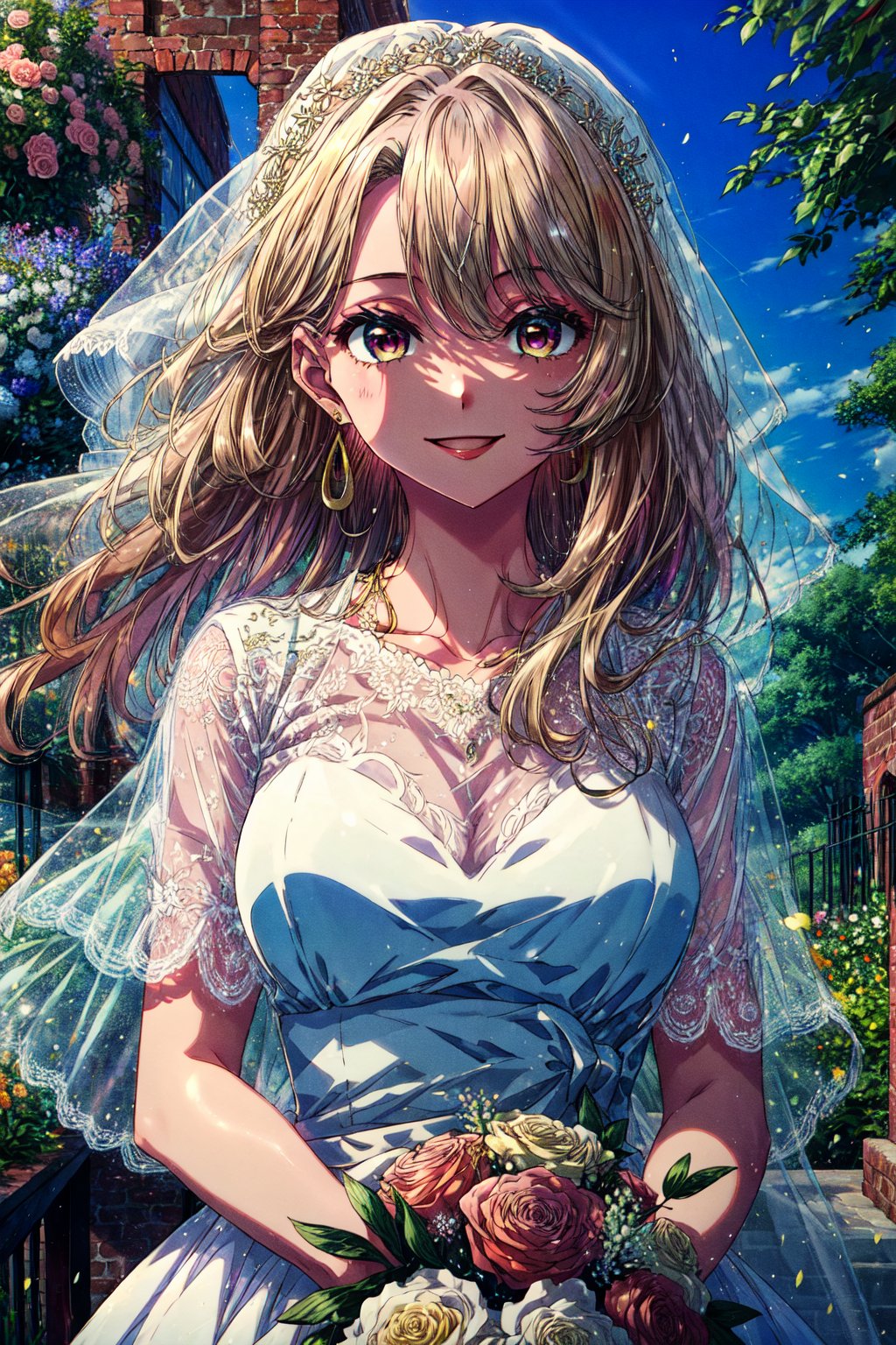 masterpiece, best quality, highres, aamiyako, long hair, jewelry, earrings, , wedding dress, holding bouquet, garden, smile