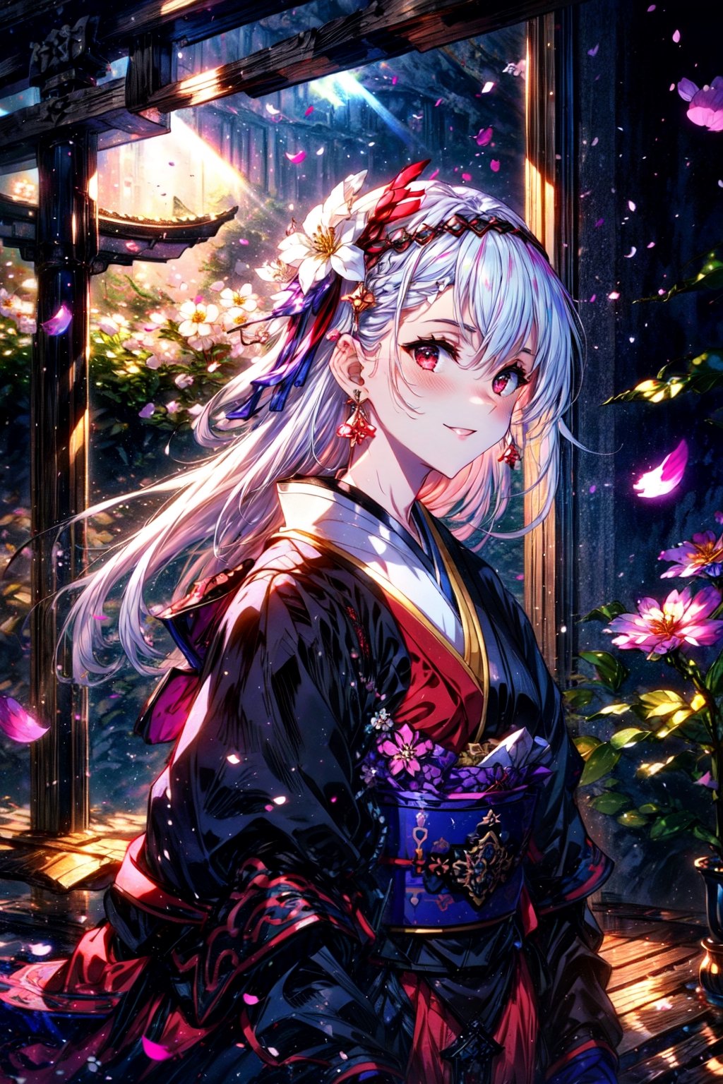 masterpiece,best quality,highres,cinematic lighting,dramatic angle,1girl,,white hair,red eyes,hair ornament,furisode,costume7,cherry blossoms,looking at viewer,tilting head,blush,smile,long sleeves,ribbon,braid,flower,hairband,japanese clothes,kimono,sash,petals,obi,sunshine,torii,depth of field,bricks,jinja