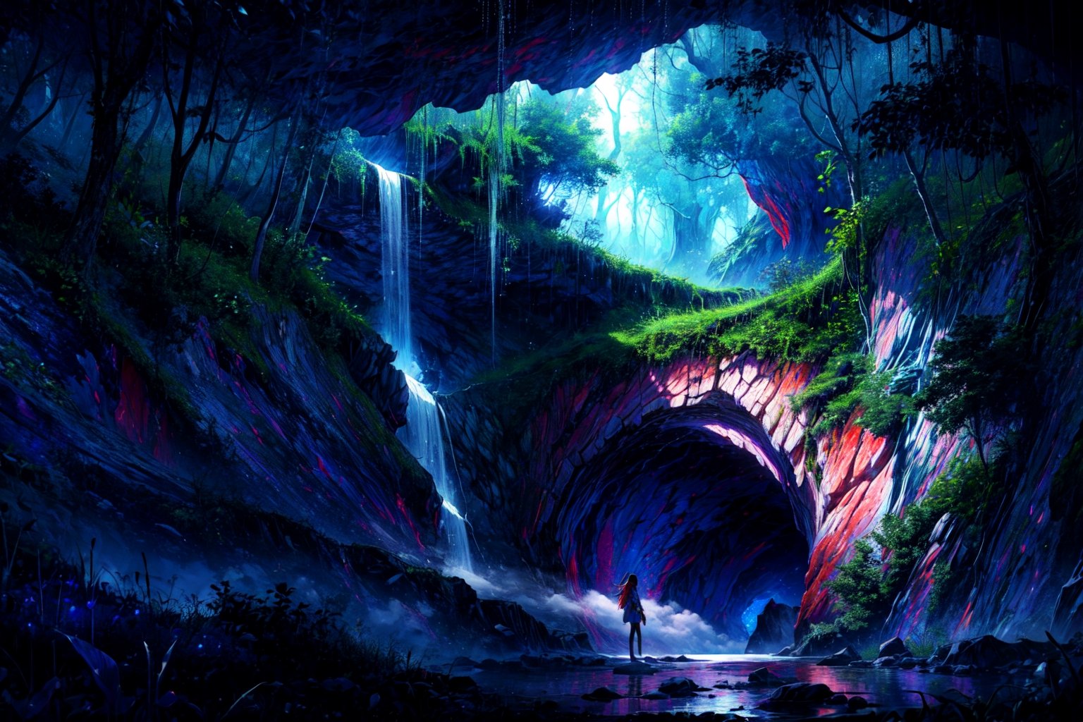 (masterpiece, best quality), 1girl, beautiful face, nanachi, full body, scenary, Magnificent, bright eyes, sitting, nature dark, dark trees, fog in deep, abyss in top, View from below, Spiral cave /(deep abyss/),