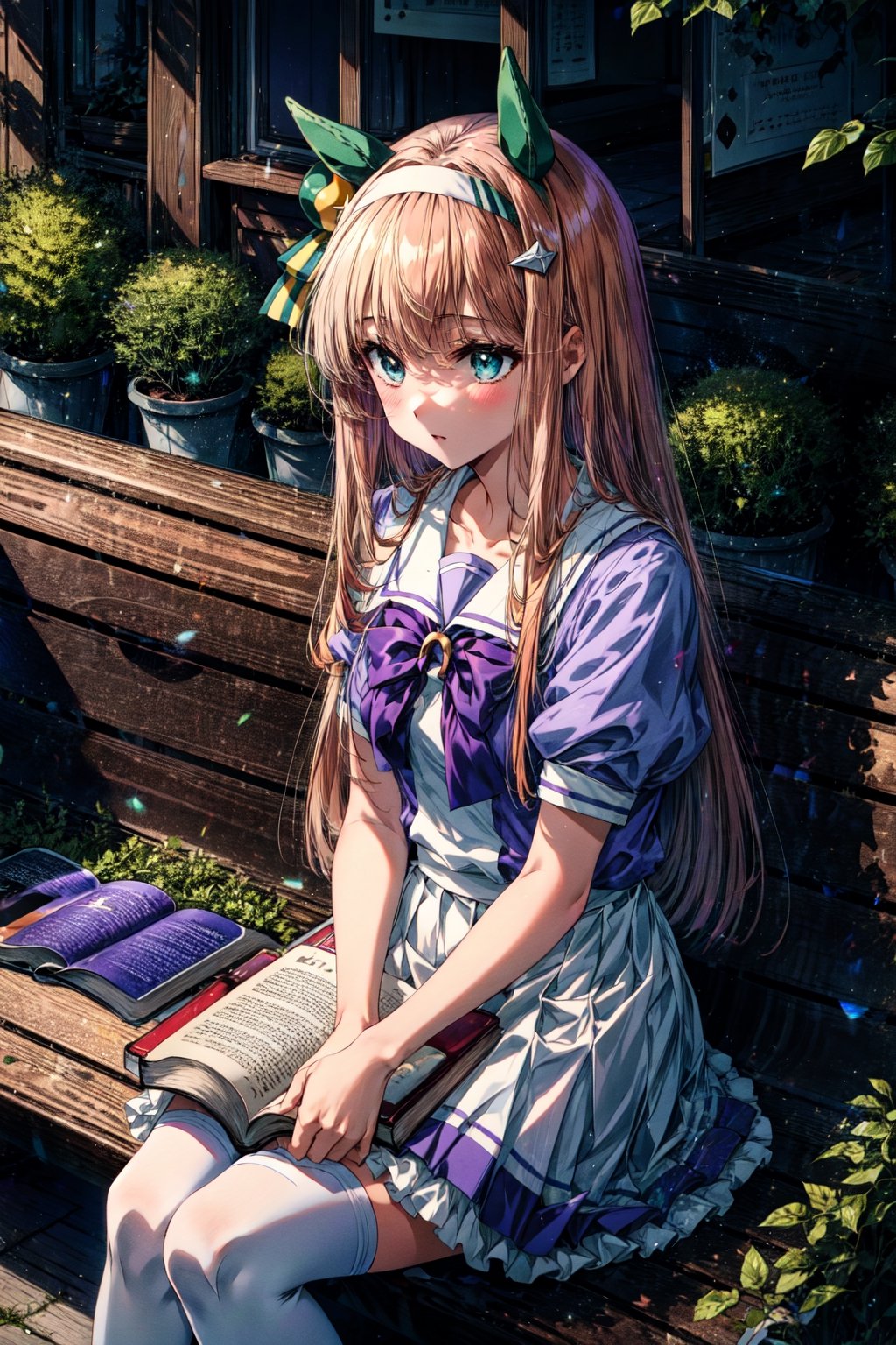 masterpiece, best quality, highres, bbsuzuka, long hair, animal ears, ear covers, white hairband, horse tail, school uniform, sailor collar, purple bowtie, sailor shirt, purple shirt, short sleeves, puffy sleeves, pleated skirt, white thighhighs, , outdoors, sitting, bench, book