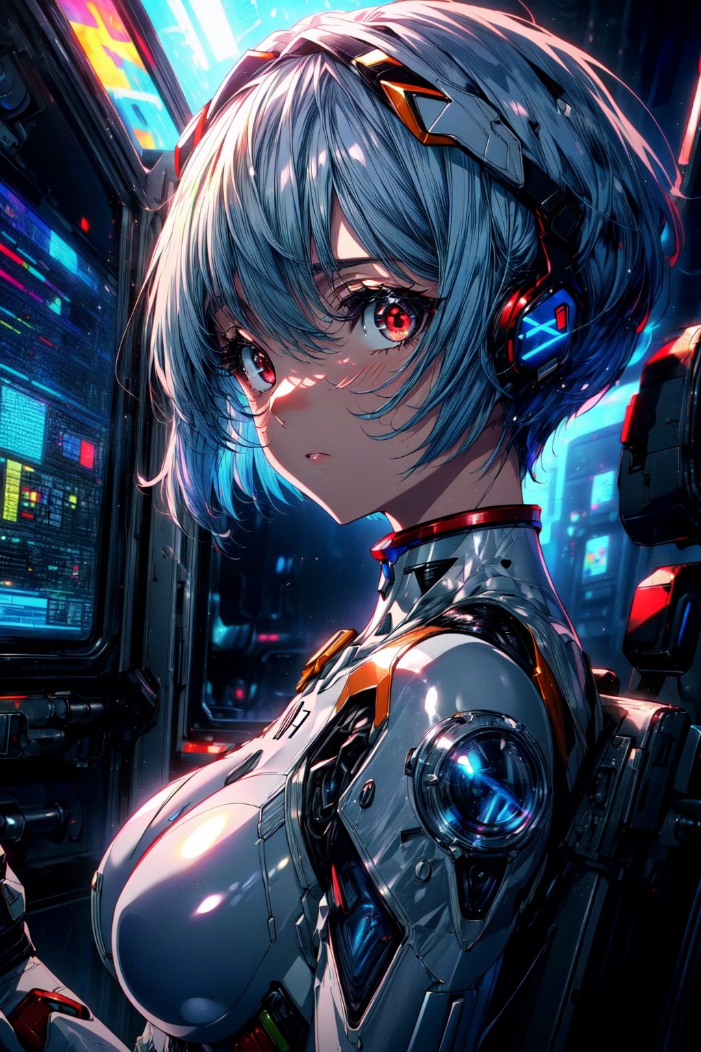 (masterpiece, best quality, raw photo, ultra realistic, official art, beautiful and aesthetic, (extremely detailed CG unity 8k wallpaper), (1girl in cockpit, hand holding the handle:1, ayanami rei, ight blue hair, red eyes, (short hair:1.1)), detailed skin:1.2, natural_skin:1.1, realskin:1.1, sharp focus, beautiful details face, beautiful details eyes, big eyes, expressionless, (plugsuit, pilot suit, interface headset, white bodysuit, white pilot suit, white plugsuit),