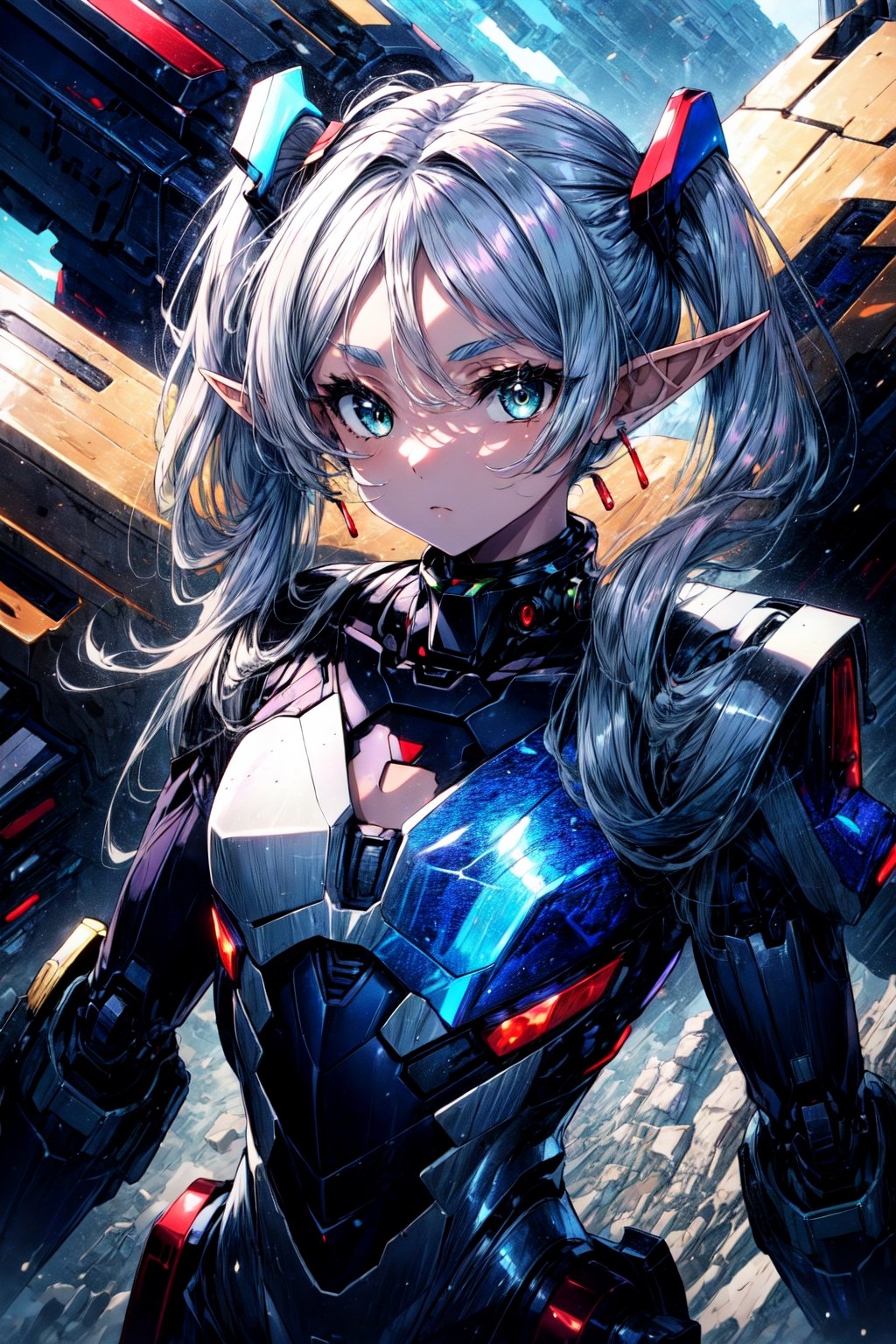 masterpiece,best quality,1girl,aafrie,[green eyes|blue eyes],long hair,white hair,twintails,pointy ears,thick eyebrows,flat chest,chest armor,mecha musume,white theme,bodysuit,fortified suit,mechanical parts,robot joints,headgear,full armor,expressionless,looking at viewer,science fiction,,,,