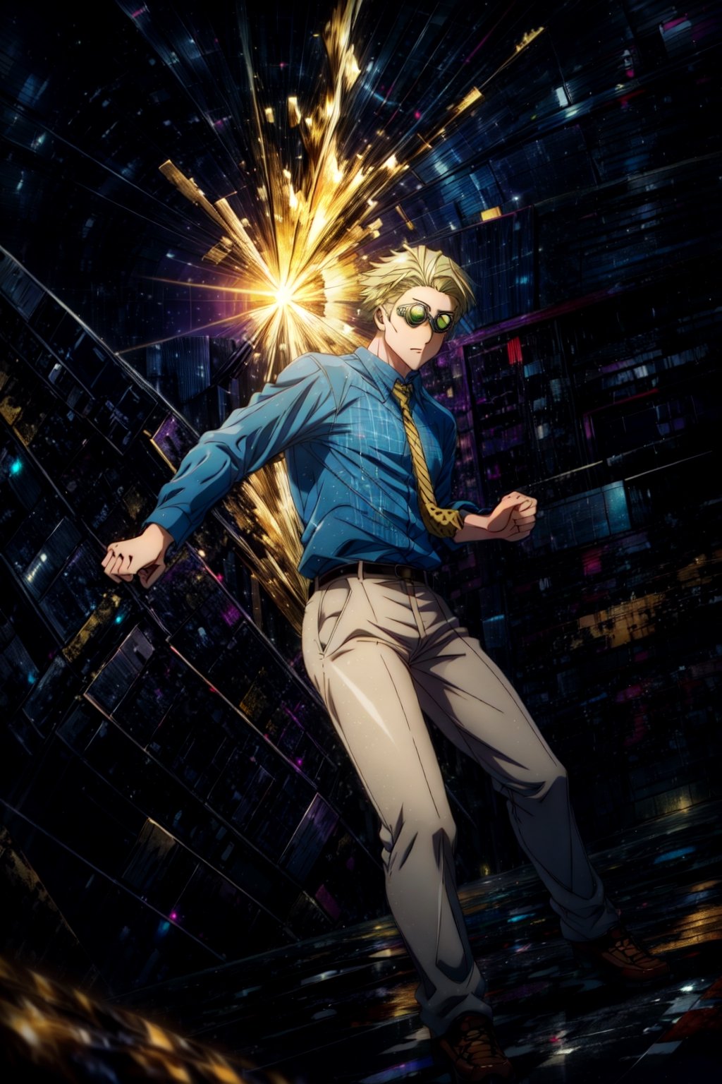 masterpiece, hyper detailed, highres, good anatomy, solo, nanami, blue shirt, suit, yellow tie, action pose, night sky, pants, goggles