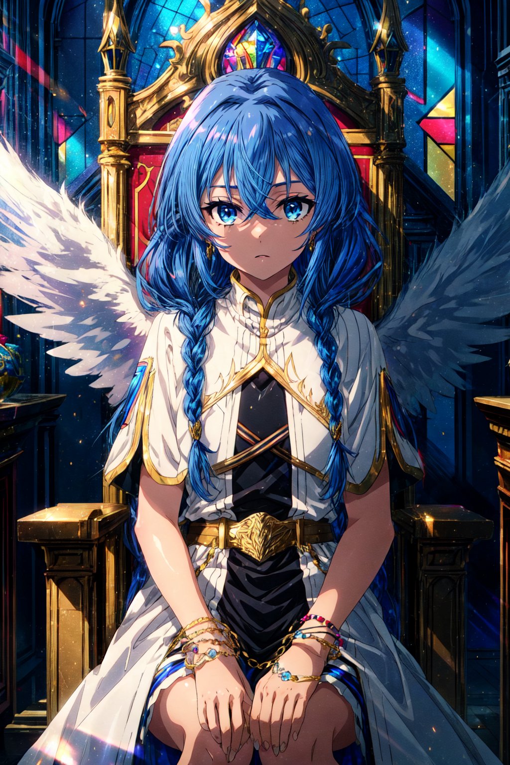 masterpiece, best quality, roxy migurdia, 1girl, solo, bangs, blue eyes, blue hair, hair between eyes, long hair, low twin braids, petite, tsurime, angel, white dress, gold trim, hair ornament, bracelet, elegant majestic wings, light rays, glowing eyes, throne, stained glass