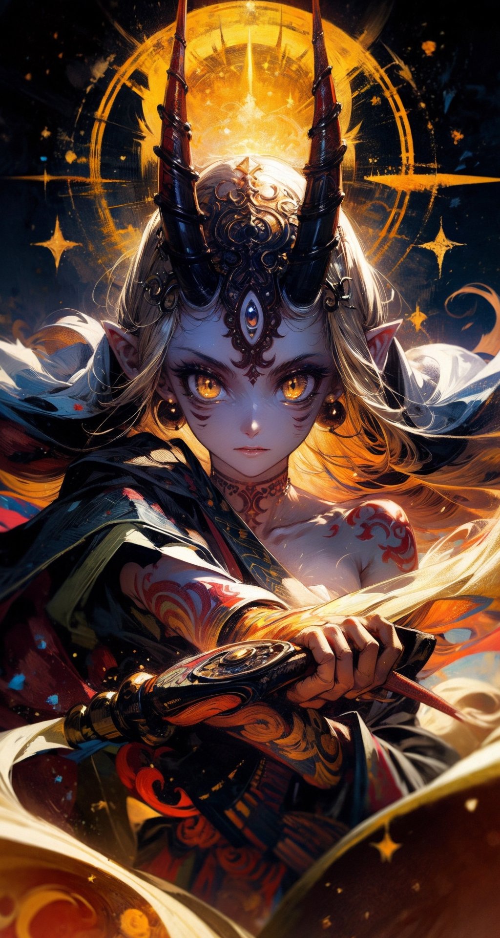 ibarakidouji, ,ibaraki douji, blonde hair, facial mark, fang, forehead, horns, long hair, oni, oni horns, pointy ears, (yellow eyes:1.5), (flat chest:1.2),BREAK earrings, japanese clothes, jewelry, kimono, leg tattoo, neck tattoo, oni, oni horns, shoulder tattoo, tattoo, yellow kimono,BREAK looking at viewer,BREAK outdoors,BREAK , (masterpiece:1.2), best quality, high resolution, unity 8k wallpaper, (illustration:0.8), (beautiful detailed eyes:1.6), extremely detailed face, perfect lighting, extremely detailed CG, (perfect hands, perfect anatomy),Circle