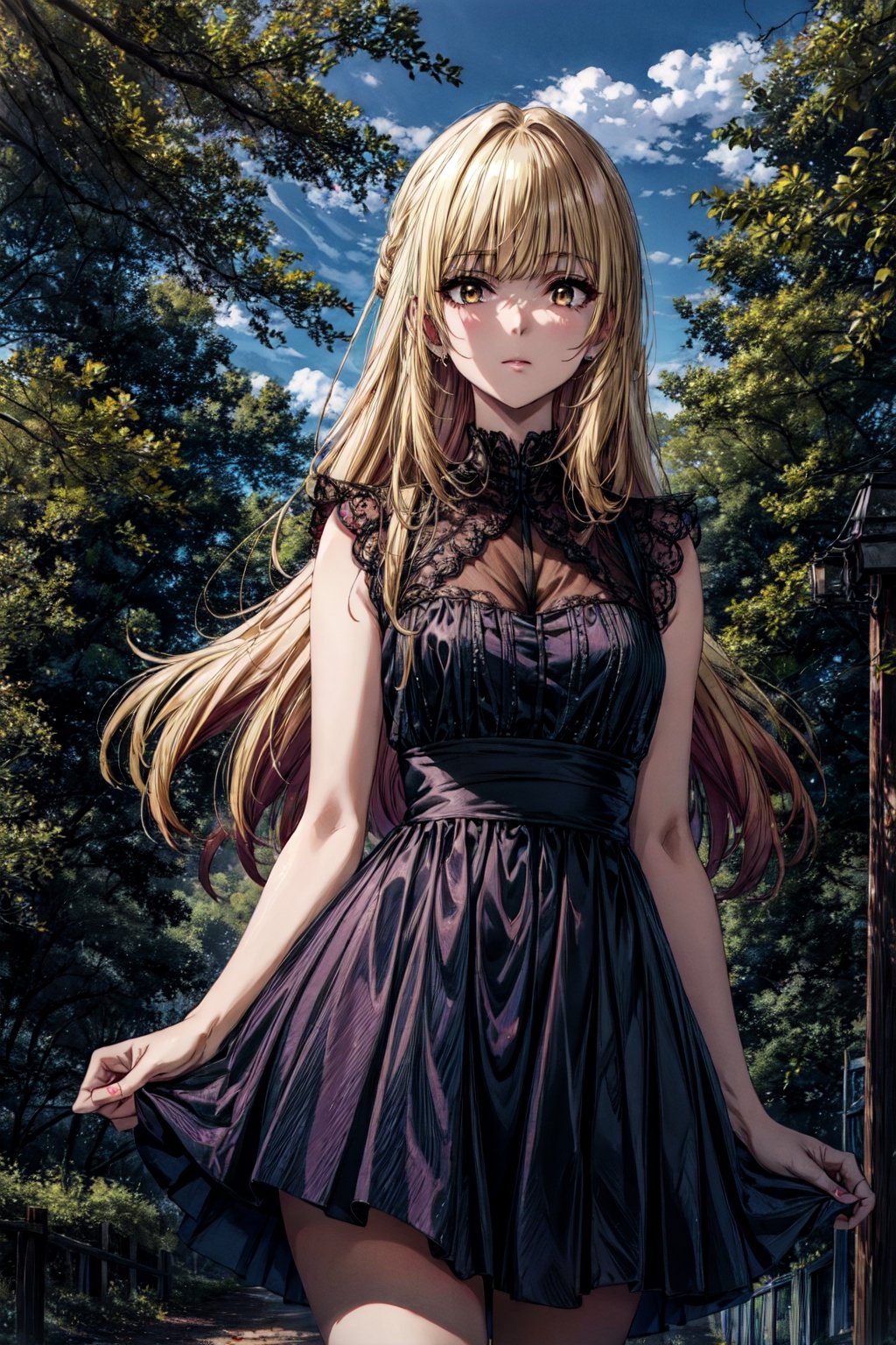 ((masterpiece, best quality, high quality, highres)):1.2, outdoors, forest, black dress, dress, sleeveless dress, Rose, blonde hair,