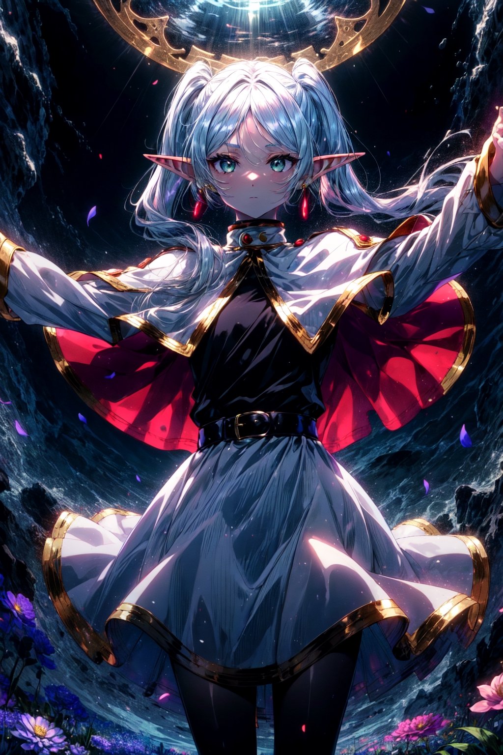 masterpiece, best quality, 1girl, frieren, long hair, pointy ears, twintails, parted bangs, elf, jewelry, earrings, capelet, white capelet, long sleeves, dress, belt, flower, expressionless, standing, (outstretched arms, reaching out), floating hair, (magic circle:1.1), glowing, cowboy shot,