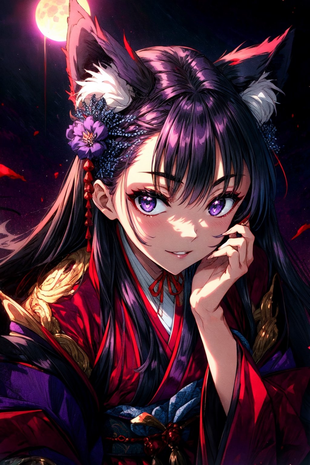 masterpiece,best quality,highres,cinematic lighting,dramatic angle,,1girl,animal ears,hair ornament,purple eyes,black hair,long hair,smile,parted lips,looking at viewer,japanese clothes,obi,wide sleeves,hand on own cheek,red topwear,purple skirt,portrait,from below,moon,close-up