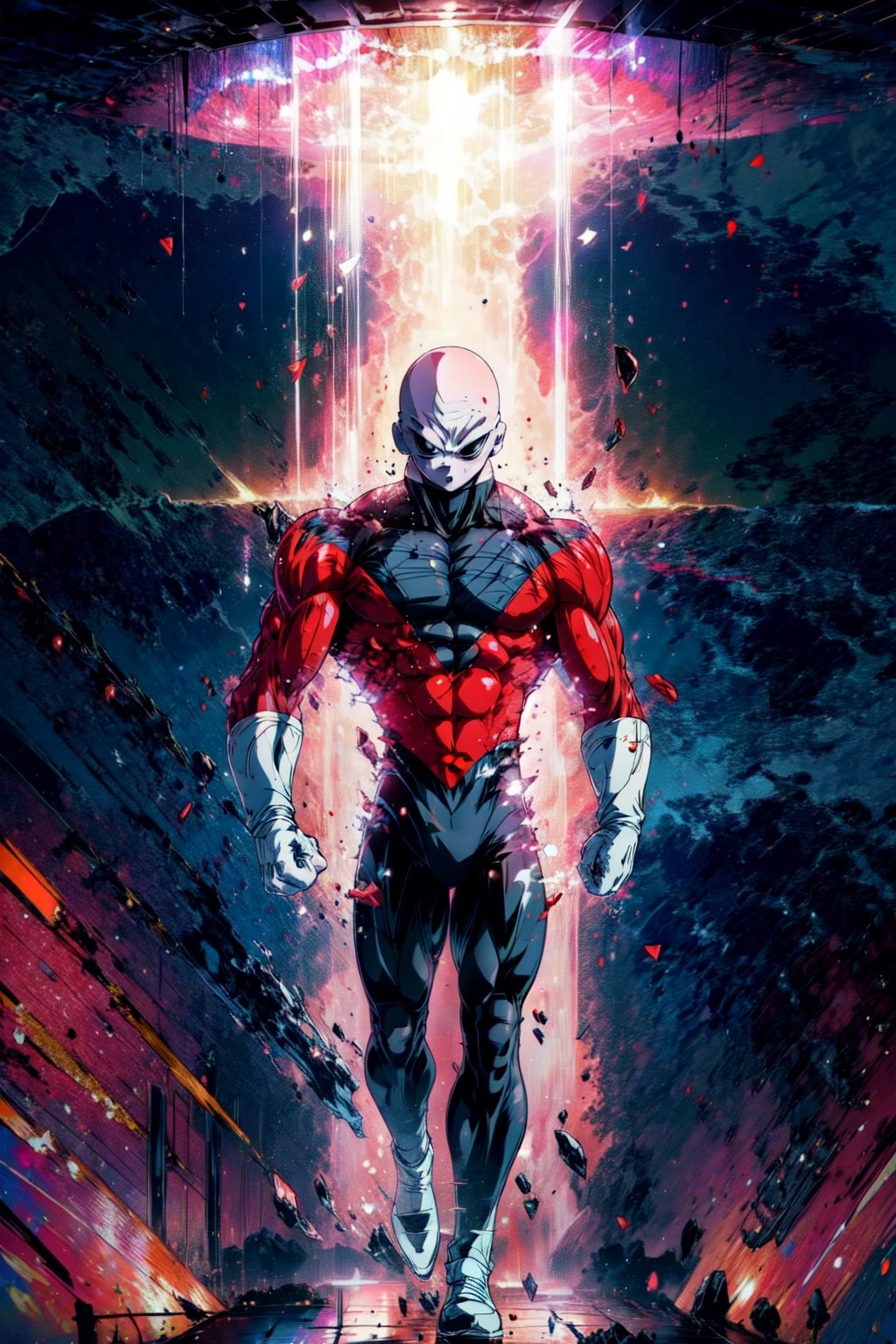 ((masterpiece, best quality)),(complex lighting),solo,1boy, full body, jiren,white gloves,black eyes,bodysuit,muscular,bald 