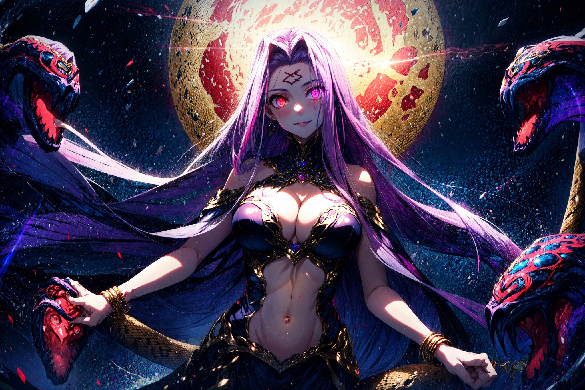 MedGorg, 1girl, bare shoulders, breasts, bustier, cleavage, clothing cutout, jewelry, large breasts, long hair, looking at viewer, medusa \(fate\), navel, purple eyes, purple hair, scales, smile, solo, very long hair, (glowing eyes:1.3), snake hair, snake tail, claws