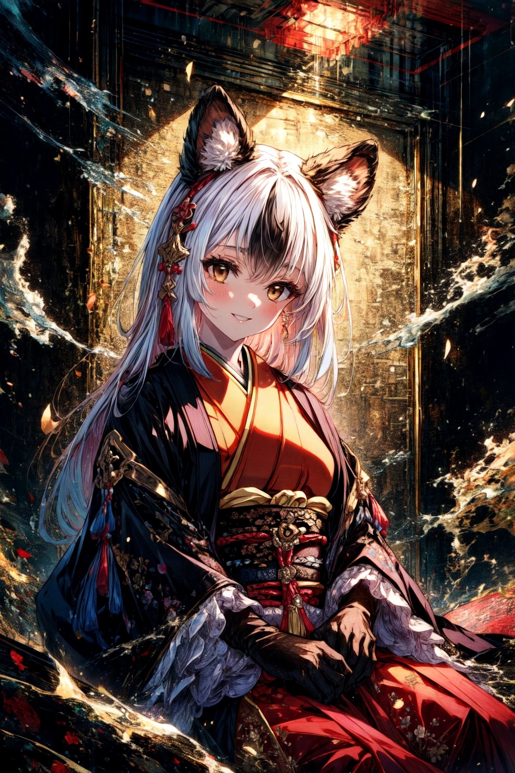 masterpiece,best quality,highres,cinematic lighting,dramatic angle,1girl, ,1girl,animal ears,japanese clothes,black open jacket,obi,smile,looking at viewer,brown eyes,holding stuffed toy,cowboy shot,sitting,multicolored hair,(black hair:white hair:0.86),frills,claws,black elbow gloves,(open mouth:0.43),happy