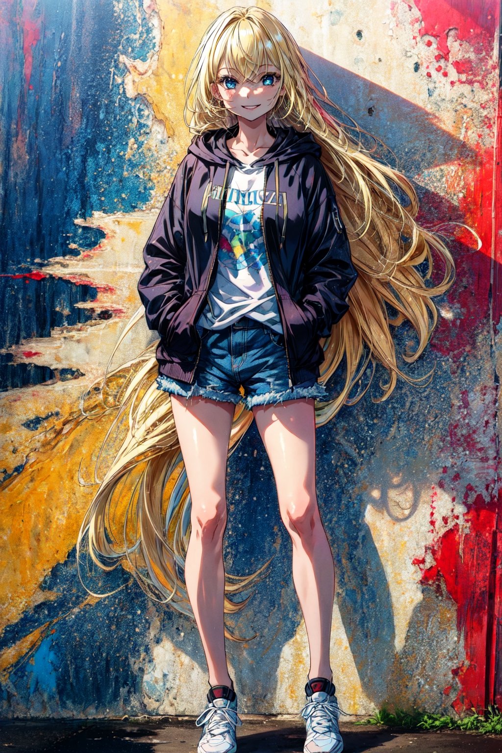 masterpiece, best quality, highres, 1girl very long hair blonde hair curly hair  black hoodie, denim shorts, smile, hands in pockets