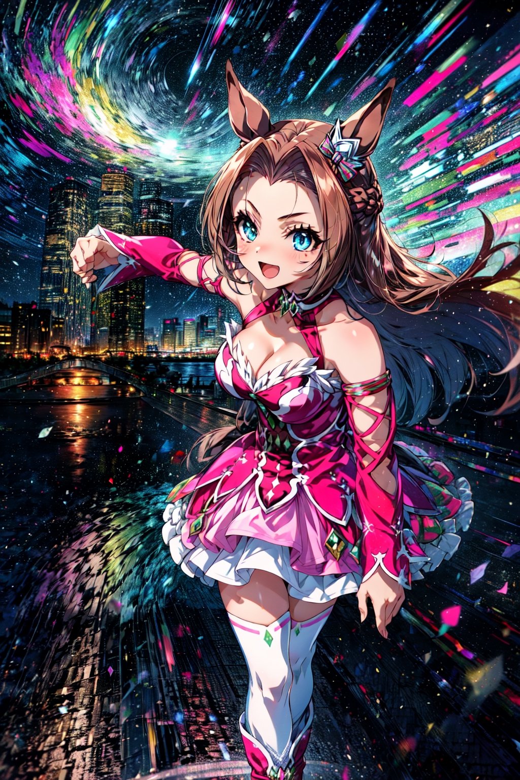 masterpiece, best quality, kawakami princess \(umamusume\), open mouth, smile, (eye trail, light trail:1.2), punching, ear ornament, pink dress, bare shoulders, cleavage, sleeveless dress, detached sleeves, pink sleeves, white thighhighs, pink footwear, boots