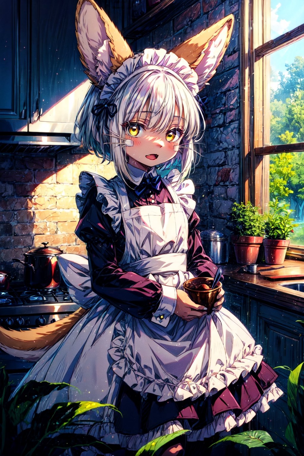 1girl, solo, furry, fluffy, brown fur, short hair, nanachi \(made in abyss\), animal ears, tail, yellow eyes, maid, apron, puffy sleeves, long sleeves, maid headband, :3, open mouth, standing, looking at viewer, kitchen 