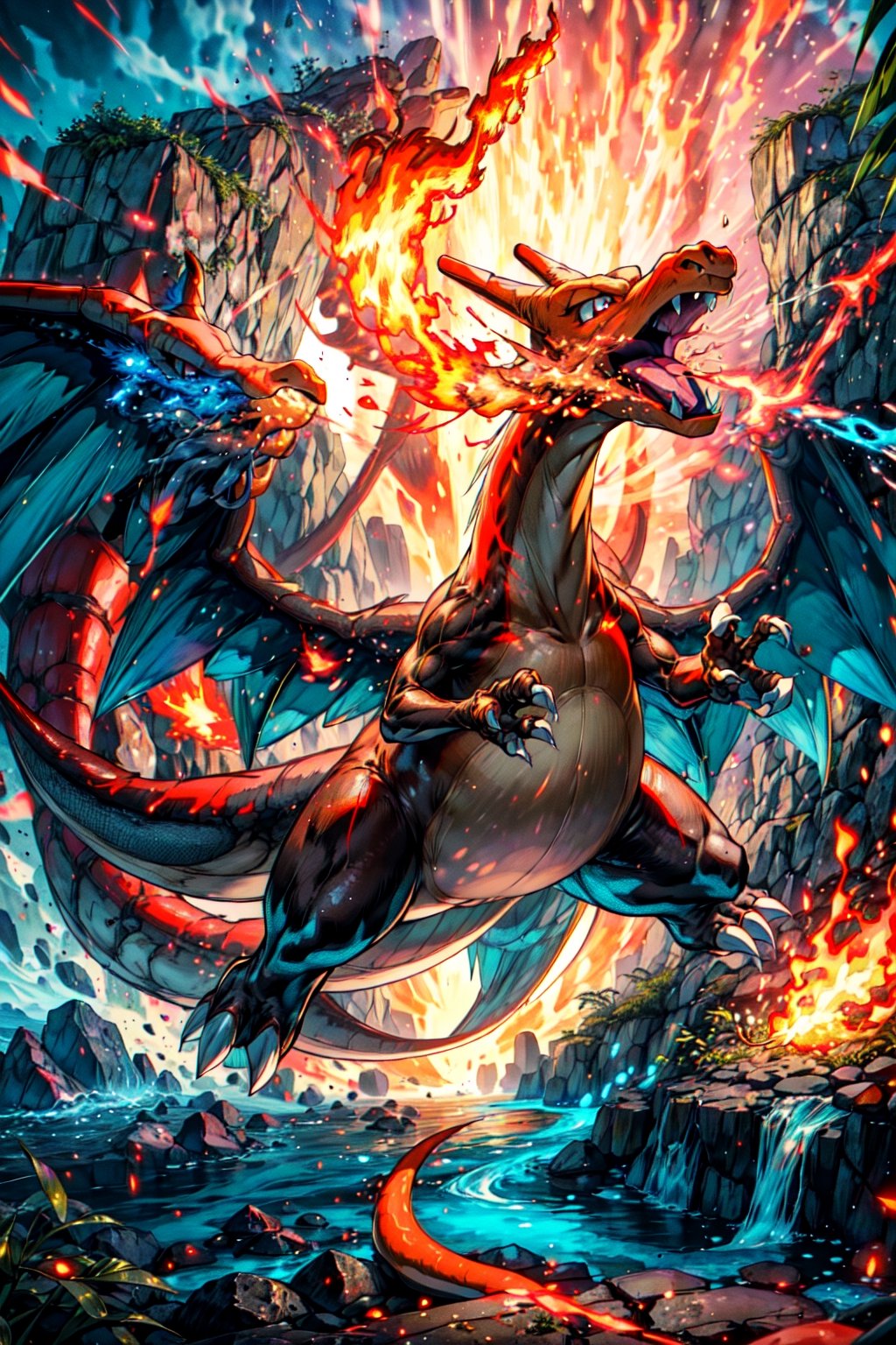 ((masterpiece,best quality)), absurdres, award winning photo, Charizard_Pokemon, flame-tipped tail, two wings, breathing_fire, burning, tropical jungle,, day, embers, explosion, fire,, flame,, no_humans, ocean, open_mouth, pokemon_\(creature\),