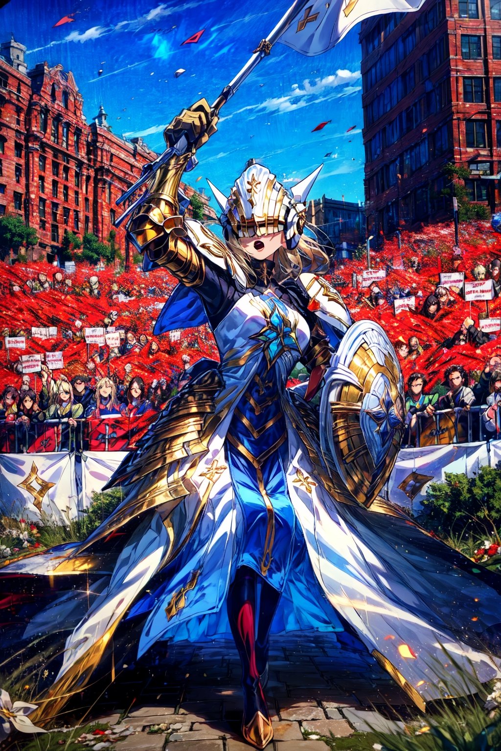 masterpiece,best quality,highres,1girl,,liberty leading the people, holding,flag,shield,white helmet,white armor,middle blue skirt,open mouth,looking to the side ,covered eyes,unevolved,alternative1,followed by crowd,standing on hill,corpses on ground,pile of corpses