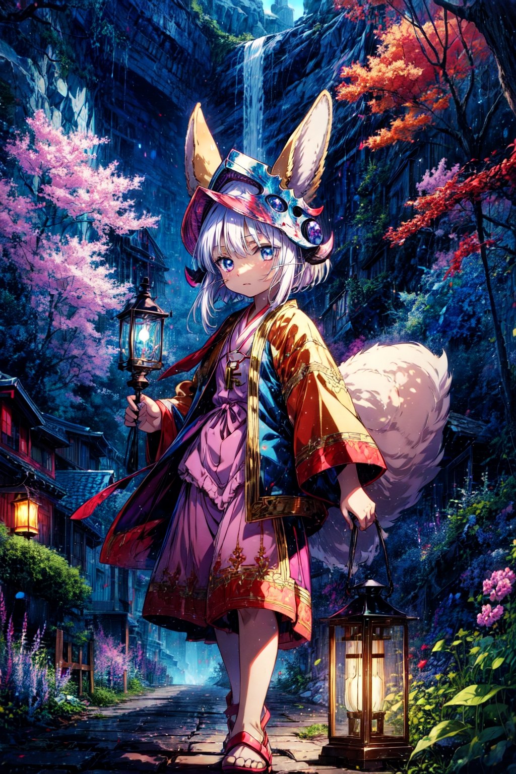 anime artwork (by kame 3:0.6), (by kemokin mania:0.4), outdoor, mystic wood, night, glowing, holding lantern BREAK nanachi, narehate, white hair, horned helmet, headdress, bottomless,   dwarf . anime style, key visual, vibrant, studio anime, highly detailed