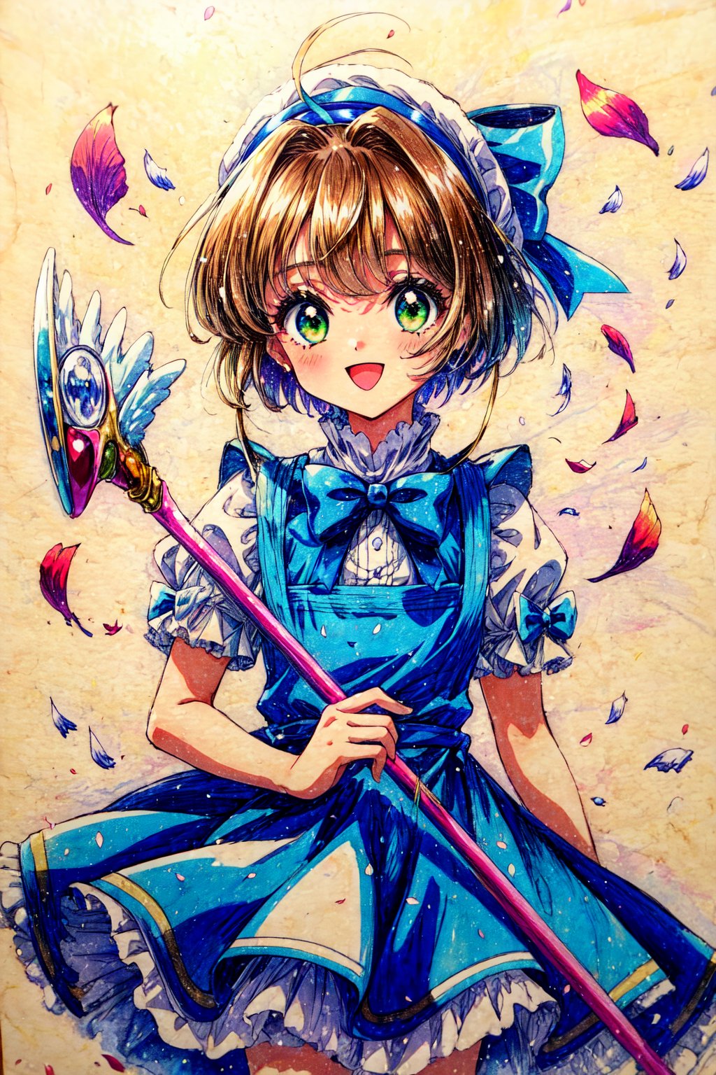 1girl, kinomoto sakura, dress, 1990s (style), blue dress, retro artstyle, puffy sleeves, green eyes, open mouth, solo, bow, holding, short sleeves, puffy short sleeves, brown hair, petals, fuuin no tsue, smile, short hair, apron, looking at viewer, frills, :d, blue bow, antenna hair, hair bow, white background, bangs, white bow, hairband, petticoat, frilled dress, white apron, simple background, magical girl, wand, frilled apron, cowboy shot, blue hairband, female child, holding wand, traditional media,