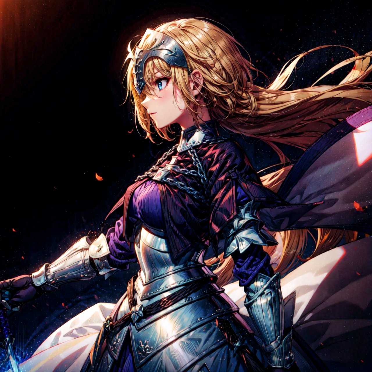 masterpiece, best quality,1girl, solo, long hair, blonde hair, jeanne d'arc (fate), ,(Upper_body),(Focus on her face),armor, blue eyes, weapon, sword, armored dress, gauntlets, headpiece, jeanne d'arc (third ascension) (fate), official art,extremely detailed CG unity 8k wallpaper, perfect lighting,Colorful, Bright_Front_face_Lighting,shiny skin, (masterpiece:1.0),(best_quality:1.0),