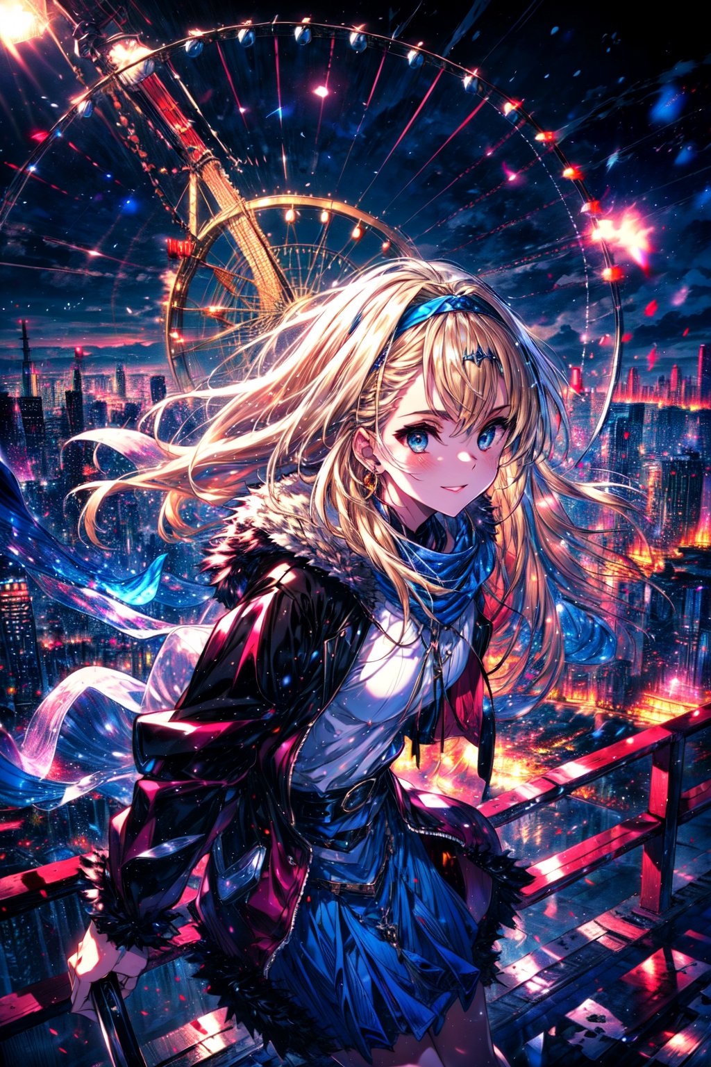 masterpiece,best quality,highres,cinematic lighting,dramatic angle,1girl,, blue eyes,blonde hair,hairband,portrait,blue shawl,fur-trimmed,coat,white shirt,blue skirt,tilted head,crowd,happy,shiny,Ferris wheel,skiing,skating,ice