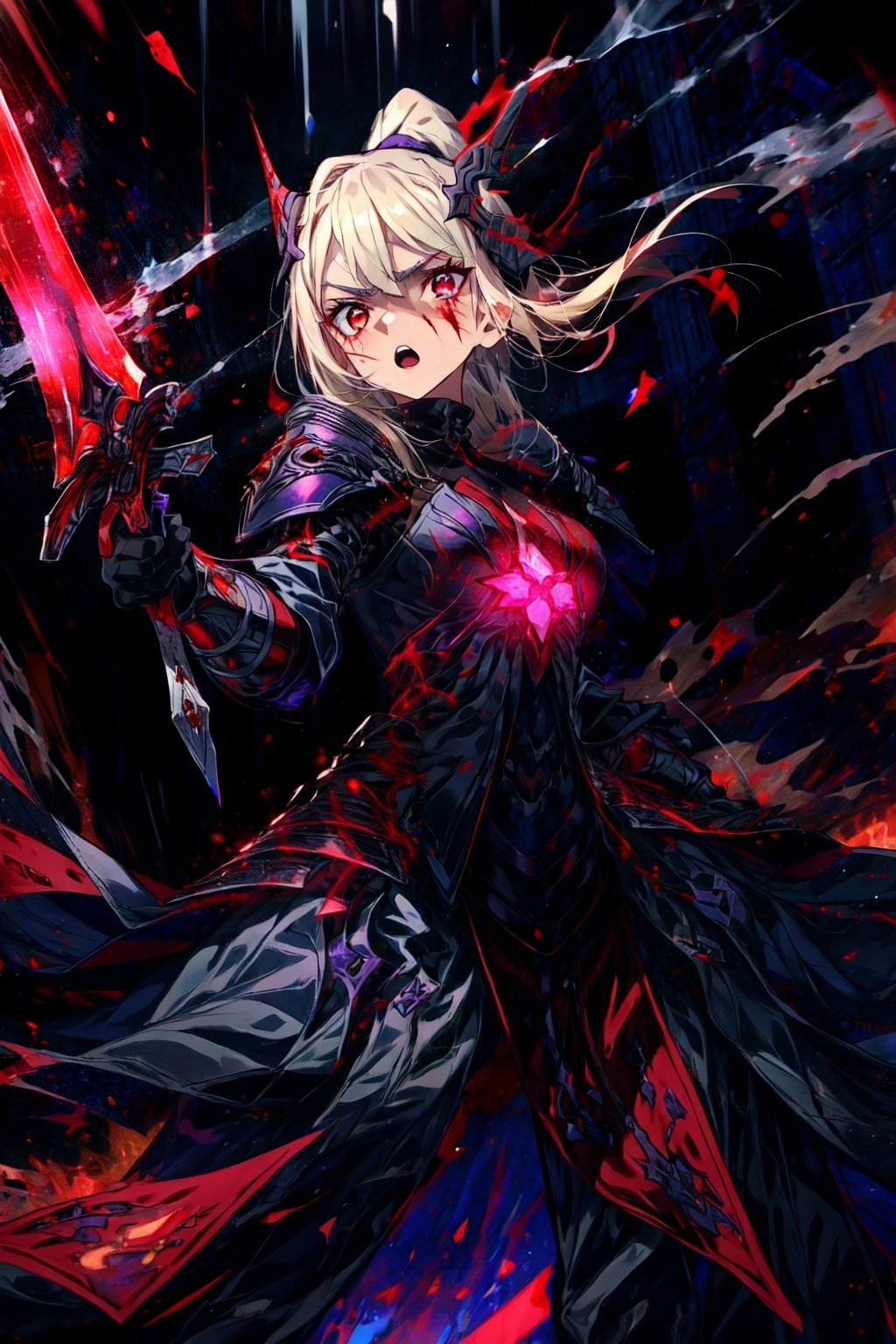 masterpiece,best quality,highres,1girl,,looking at viewer,alternative3,black helmet,covered eye,holding,red sword,expressionless,red eyes,,black armor,middle red dress,purple theme,glowing particles,asymmetrical eyes,from side,fighting stance,dynatic angle,roar,battlecry,open mouth,angry,fire,flames,cursed aura,ruins,ashes,blood,facial mark