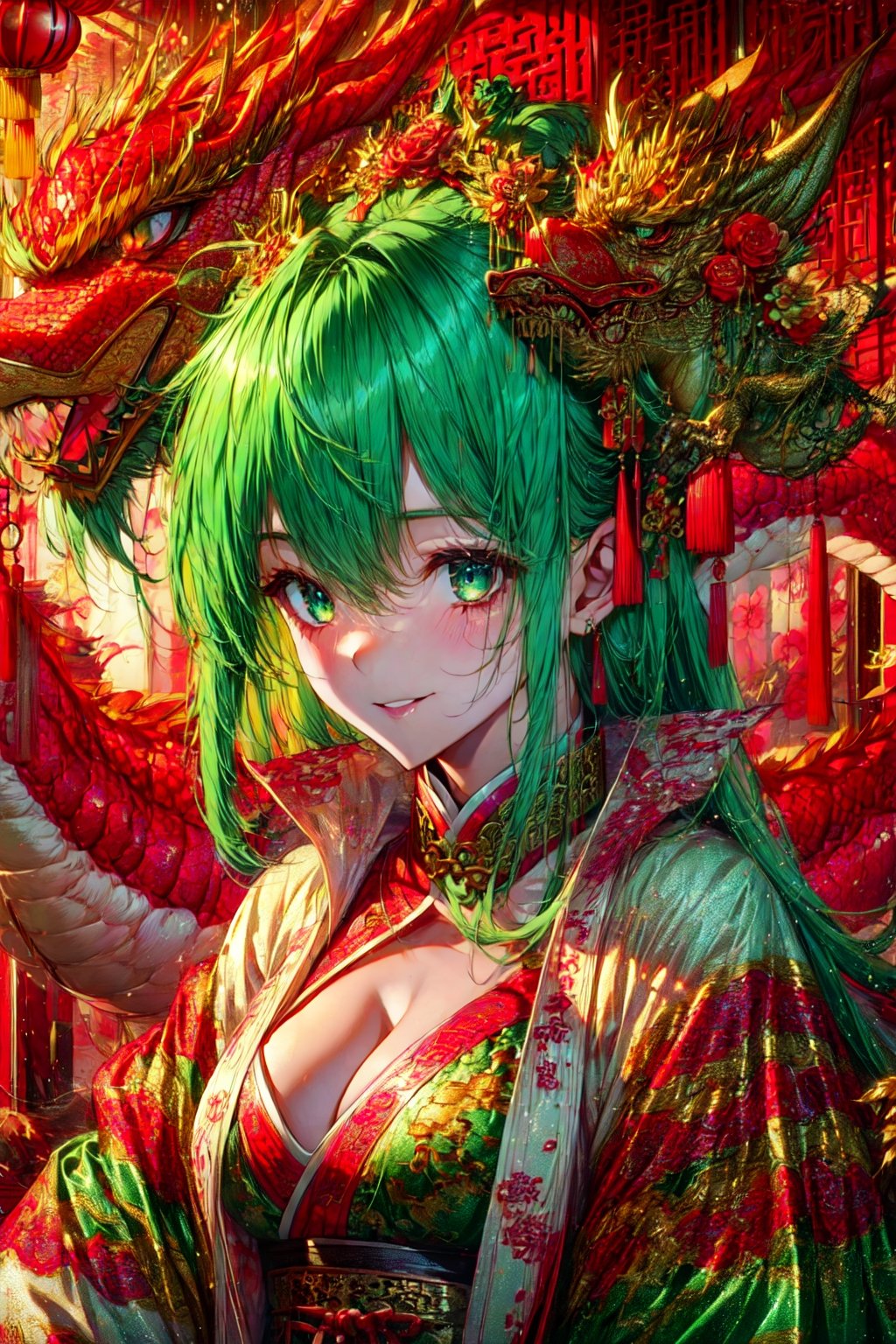 a cute 18 year old girl ,sex,girlfriends ,sad smile,random color hair,random color eyes,perfect model body,collar, medium breasts,official art, unity 8k wallpaper, ultra detailed, beautiful and aesthetic, beautiful, masterpiece, best quality,more detail,iu2(N-_iu2), Chinese new year,facing_viewer, ((Chinese dragon)),dark green dragon wrapped around