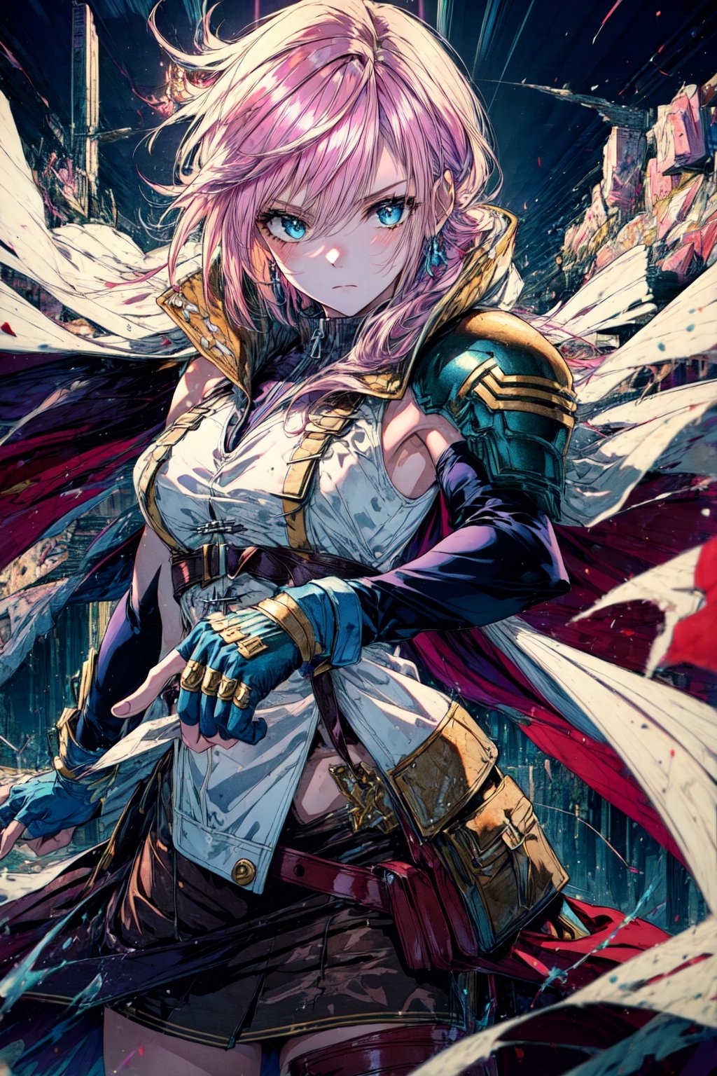 (masterpiece, best quality:1.2), , cowboy shot, solo, 1girl, lightning farron, expressionless, closed mouth, sleeveless, shoulder armor, cape, skirt, fingerless gloves