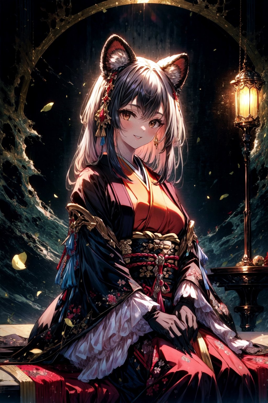 masterpiece,best quality,highres,cinematic lighting,dramatic angle,1girl, ,1girl,animal ears,japanese clothes,black open jacket,obi,smile,looking at viewer,brown eyes,holding stuffed toy,cowboy shot,sitting,multicolored hair,(black hair:white hair:0.86),frills,claws,black elbow gloves,(open mouth:0.43),happy