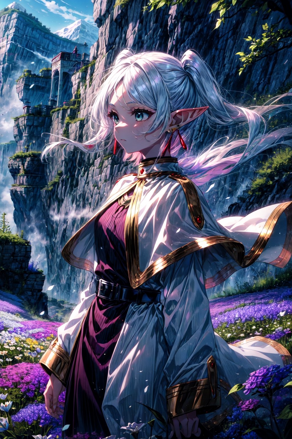 masterpiece, best quality, 1girl, frieren, long hair, pointy ears, twintails, parted bangs, elf, jewelry, earrings, capelet, white capelet, long sleeves, dress, belt, flower, expressionless, standing, looking afar, cliff, wind, from side, cowboy shot